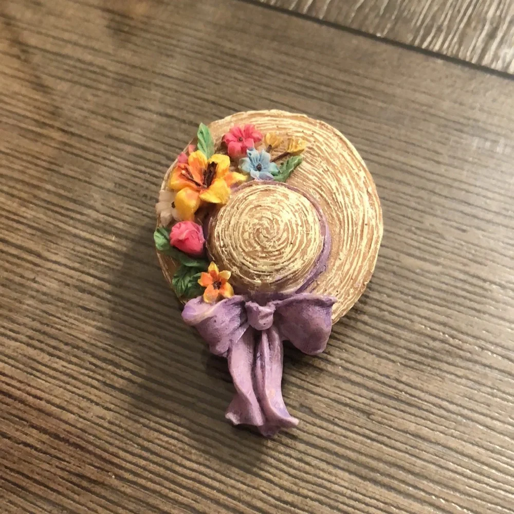 Vintage Resin Straw Hat Pin with Flowers, Purple Bow, Bonnet